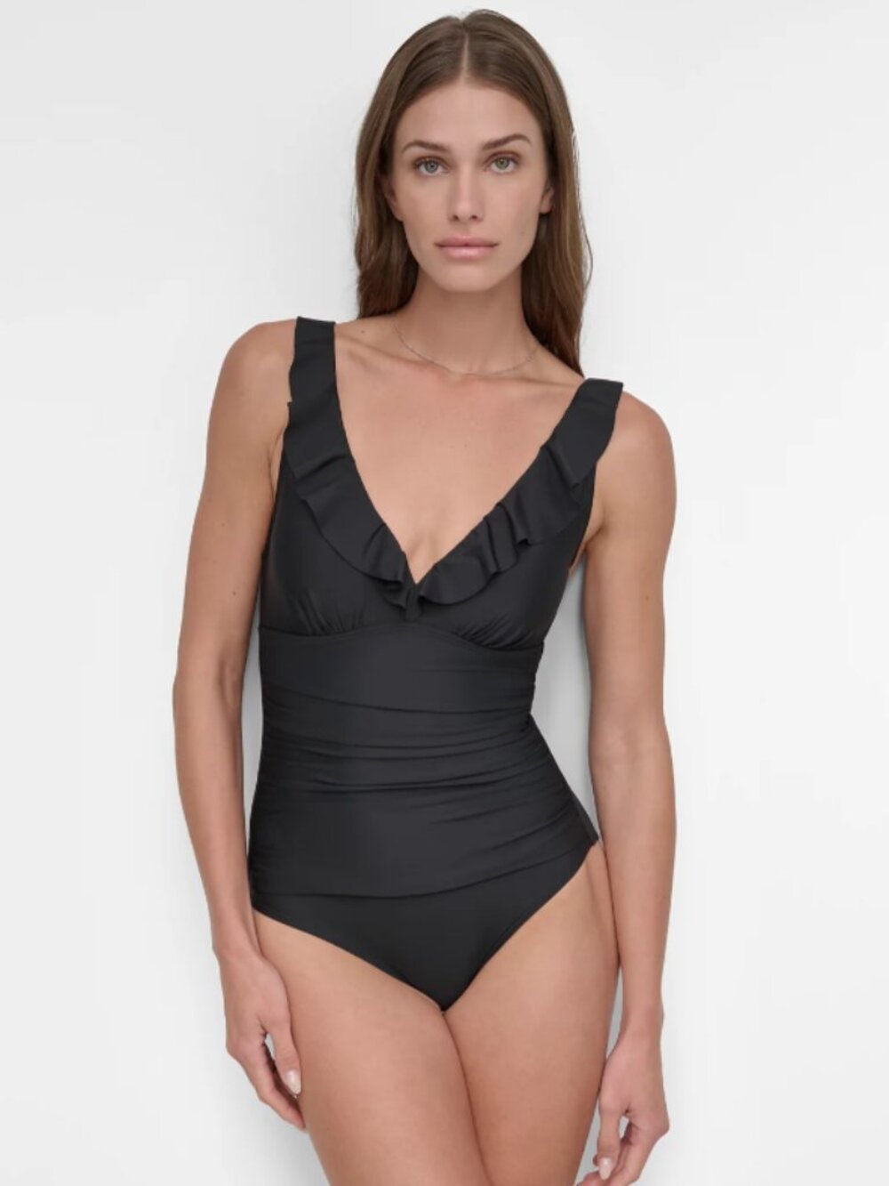 NWT DKNY Women's Ruffle Plunge Underwire Tummy Control One-Piece Swimsuit Sz M - Picture 1 of 7